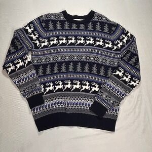 Aspen Mens L Fair Isle Reindeer Cotton Knit Sweater Holiday Cabincore